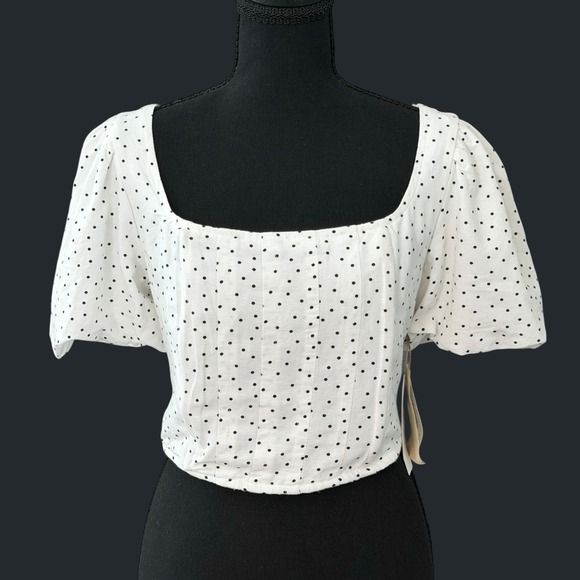 Midnight Sky Tops - Midnight Sky Polka Dot Crop Top Womens Small Puff Sleeve Linen Coquette Milkmaid